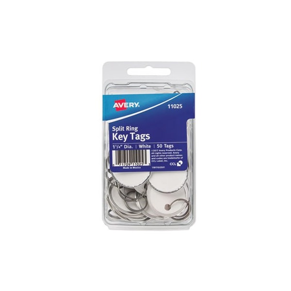 Avery Dennison Avery, Key Tags With Split Ring, 1 1/4 Dia, White, 50PK 11025